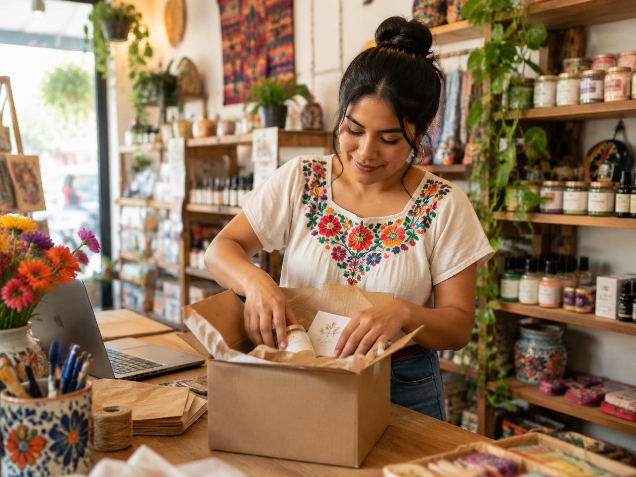 Boutique owner packing a customer order